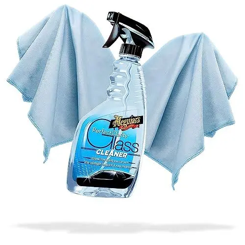 Produktbild: Auto Glas Reinigungsset | Meguiar's Perfect Clarity Glass Cleaner 473 ml mit 2 Glastüchern - 40x40 cm, 270 GSM | Glasreiniger für streifenfreie Scheiben | Scheibenreiniger Set für Außen und Innenraum