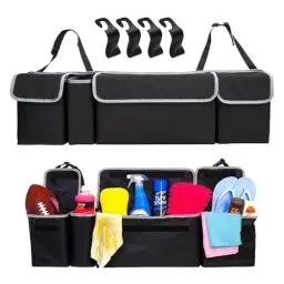 Produktbild: Auto Kofferraum Organizer, Auto Tasche Kofferraum Faltbar und Wasserdicht, Auto Kofferraum Organizer Zum Hängen mit Klett Kofferraum, Autotasche Kofferraumtasche mit 4 Taschen Geeignet füR SUV,MPV usw