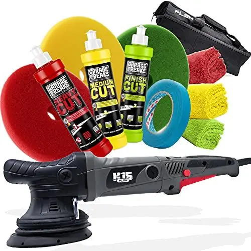 Produktbild: Auto Profi Poliermaschinen Set - PLSH H15 Exzenter Poliermaschine,125mm Stützteller - Garage Freaks HEAVY CUT, MEDIUM CUT, FINISH CUT Polituren, 250ml - 3 passende Pads - 3M Band - 3 Poliertücher