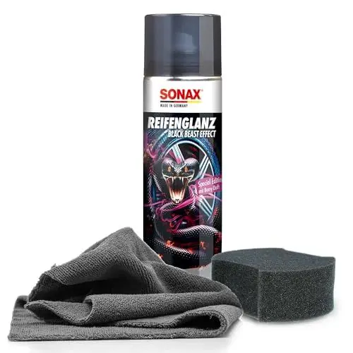 Produktbild: Auto Reifenpflege Set | Sonax ReifenGlanz Special Edition 500ml + Applikator Pad + Mikrofasertuch | Reifenglanzspray zur Pflege und Auffrischung von Reifen