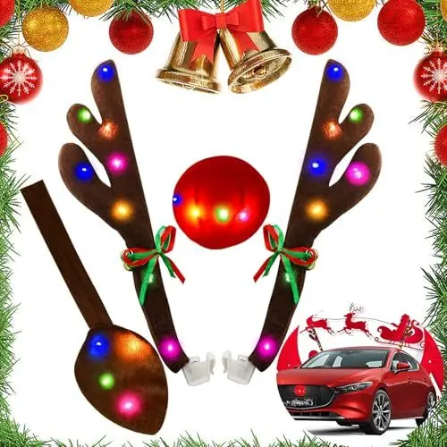 Produktbild: Auto Rentier Geweih Weihnachtsdeko, Rentier Kostüm für Auto mit LED Lichter, Weihnachtsdeko set mit Geweih, Glöckchen,Heck und roter Nase, Rudolf Rentier Auto Weihnachtsdeko ideal für Auto, SUV