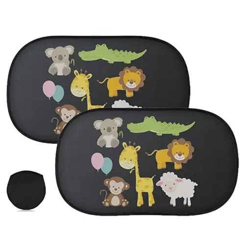 Produktbild: Auto Sonnenschutz Baby mit UV Schutz Sonnenschutz Auto Seitenscheibe, Sonnenschutz Auto 2 Stück 44x35 cm Saugnapf Sonnenblende Kinder Auto Fenster Sonnenschutz-kleine Tiere auf Hai-Giraffe