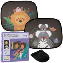 Produktbild: Auto Sonnenschutz Kinder mit UV Schutz: 2X Sonnenblende für Kinder – Süße Tiermotive und Saugnäpfe – 44x36cm Sonnenschutz Auto Kinder und Baby – Autoscheiben Sonnenschutz – Inovida