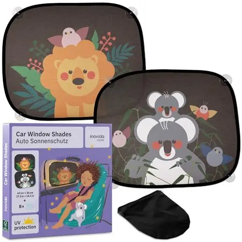 Produktbild: Auto Sonnenschutz Kinder mit UV Schutz: 2X Sonnenblende für Kinder – Süße Tiermotive und Saugnäpfe – 44x36cm Sonnenschutz Auto Kinder und Baby – Autoscheiben Sonnenschutz – Inovida