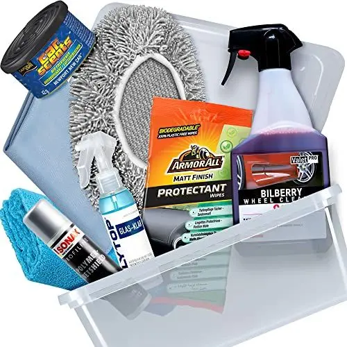 Produktbild: Auto Waschbox Reinigungsset - 9 teilig - ARMOR ALL Cockpittücher | VALET PRO Felgenreiniger | SONAX Versiegelung | POLYTOP Glasreiniger | Bürstenüberzug, Poliertuch & Glastuch | Innenraumduft