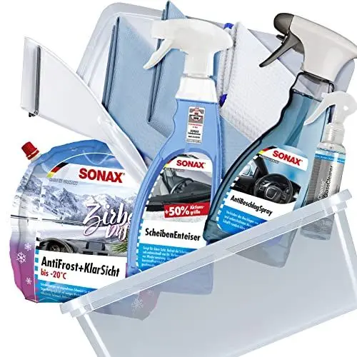 Produktbild: Auto Winter Set Box - 8 teilig - SONAX: Scheiben Enteiser 750ml, AntiBeschlag Spray 500ml, Antifrost Scheibenwischwasser 3L - Koch Chemie Speedglass Glasreiniger 140ml + Eiskratzer + 3x Mikrofasertuch