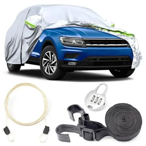Produktbild: Autoabdeckung Vollgarage mit Langen Reflektierenden Streifen, Kompatibel mit VW Touran 2003-2024, Auto Abdeckplane Sonnenschutz wasserdichte Hagelschutz Regenfest Schneesicher Kratzfest (Silber)