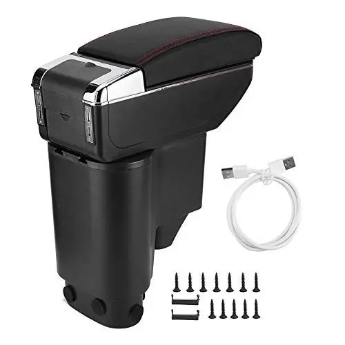 Produktbild: Auto-Armlehnen-Aufbewahrungsbox, Getränkehalter, passend für Perodua Myvi 2014 2017, Pu-Leder, rote USB-Ladeanschlüsse
