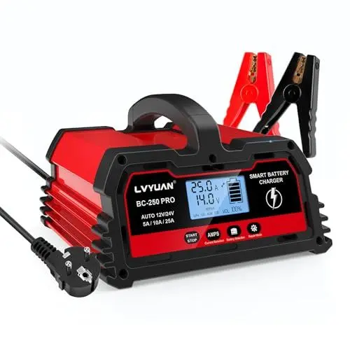 Produktbild: Autobatterie Ladegerät 25A 12V/24V Batterieladegerät Auto Vollautomatisches Intelligentes Erhaltungsladegerät mit LCD-Bildschirm, Ladegeräte für Autobatterien 12V LiFePO4 Batterie