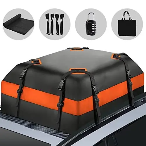 Produktbild: Autodachbox, Shengyatu 15 Kubikfuß für alle Autos mit/ohne Gepäckträger, 1 Antirutschmatte, 8 verstärkte Gurte, 4 Türhaken, Gepäckschloss
