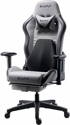 Produktbild: AutoFull C3 Gaming Stuhl, Ergonomisch Gaming-Stuhl mit Lordosenstütze, Höhenverstellbar & Neigungsfunktion, Gaming Stühle mit Fußstütze, 150 kg Belastbarkeit, Rennsitzdesign PU Leder (Grau)