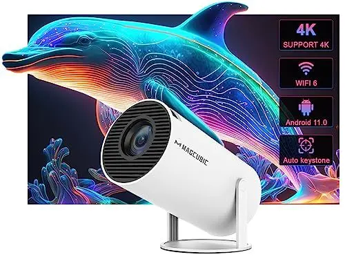 Produktbild: Automatische Trapezkorrektur Mini Tragbarer Beamer, 4K/ 200 ANSI Smart Projektor mit WiFi6, BT 5.0, 130 Zoll Bildschirm, 180-Grad-Flip, Rundes Design, Eingebaute Android OS 11.0 Heimkino Beamer