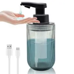 Produktbild: Automatischer Berührungsloser Glas Grau Seifenspender, Wiederaufladbarer Freihändiger Gerillter Flüssigseifenspender mit Sensorspender, Nachfüllbare Flasche für Badezimmer Küchenarbeitsplatte