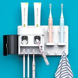 Produktbild: automatischer Zahnpasta-Spender, DENSAIL Zahnbürstenhalter zur Wandmontage mit staubdichter Abdeckung und 2 Zahnpasta-Quetscher, 2 elektrische Zahnbürstenhalter und 4 Zahnbürsten-Organizer-Schlitze