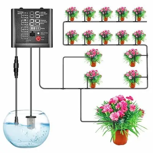 Produktbild: Automatisches Bewässerungssystem, Tröpfchenbewässerung mit Timer mit 15 Sprinklern, Einstellbare Wassermenge Selbstbewässerungsgeräte 15m Schlauch für Garten, Topfpflanzen, Rasen