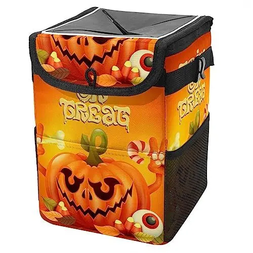 Produktbild: Auto-Mülleimer mit Deckel, hängender Auto-Müllbeutel mit Aufbewahrungstaschen, auslaufsicherer Auto-Organizer, Mehrzweck-Mülleimer fürs Auto,Fröhliche Halloween Kürbis Süßigkeiten