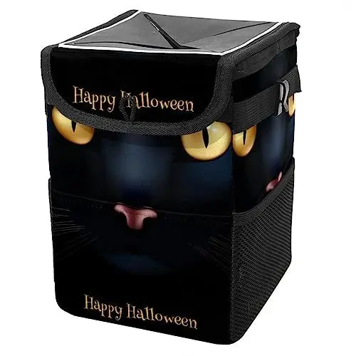 Produktbild: Auto-Mülleimer mit Deckel, hängender Auto-Müllbeutel mit Aufbewahrungstaschen, auslaufsicherer Auto-Organizer, Mehrzweck-Mülleimer fürs Auto,Halloween schwarze Katze