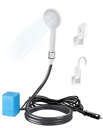 Produktbild: AUTOPkio 12V Campingdusche Portable, Outdoordusche Camping Dusche mit Innovativ Pumpe Saugnapf Haken für Outdoor Wohnwagen Wohnmobil Baden Auto Waschen, Haustier Baden Pflanzen Bewässerung