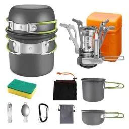 Produktbild: AUTOPkio Camping Kochgeschirr Set für 1-2 Personen, Outdoor Faltbare Camping Topf mit Gaskocher Picknick Geschirr Kit Leicht Aluminium Kochset für BBQ, Wandern, Kochen, Flüssiggas