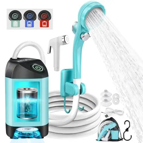 Produktbild: AUTOPkio Campingdusche mit Akku, Verbesserte Camping Dusche 4500mAh Wiederaufladbar Pumpe, IPX7 Wasserdicht für Camp, Outdoor, Wandern, Autowaschen, Haustier (Blau)