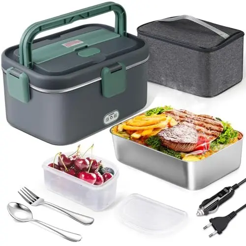 Produktbild: AUTOPkio Elektrische Lunchbox 1,8L 80W, 12V/24V/220V Großer Beheizbare Speisenwärmer mit Tasche Edelstahl Gabel & Löffel für Auto LKW Büro