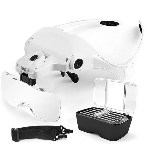 Produktbild: AUTOPkio Lupenbrille mit Licht LED Kopfbandlupe, verstellbare Hände Freie Headset Lupe mit 2 LED Licht Leichte Stirnband Lupe Gläser für Reparieren, 5 Linsen 1.0X, 1.5X, 2.0X, 2.5X, 3.5X