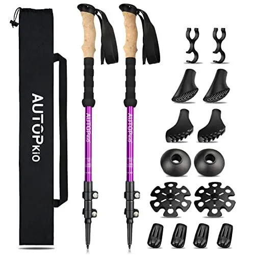 Produktbild: AUTOPkio Nordic Walking Stöcke, Wanderstöcke Verstellbar Walking Stöcke Teleskop 7075 Aluminium Trekkingstöcke mit Gummipuffers für Damen & Herren, Trekking (Lila)