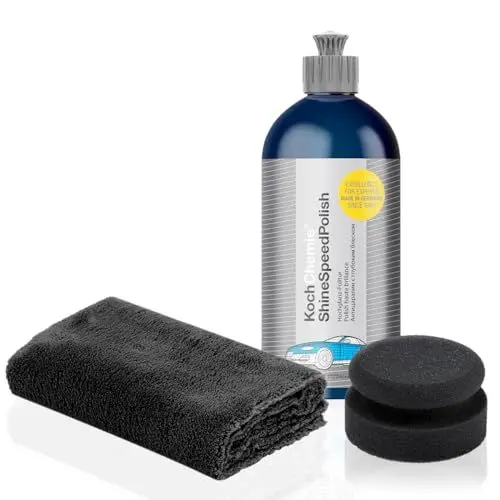 Produktbild: Autopolitur Set | Koch Chemie Shine Speed Polish 500ml für ein einzigartiges Hochglanz-Finish + Polierschwamm + Poliertuch | Auto Lack Politur geeignet für Handpolitur und Poliermaschine