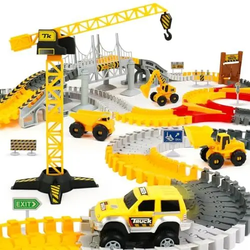 Produktbild: TONZE Autorennbahn Rennbahn 4 Cars Kinderspielzeug ab 3 Jahre, Bagger Kran Spielzeug ab 3 4 5 6 Jahre Junge Spielzeugautos Autobahn ab 3 4 5 6 Jahre Junge Mädchen,Geschenk Junge Mädchen 3 4 5 6 Jahre