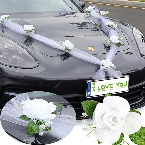 Produktbild: Autoschmuck Hochzeit Motorhaube | 11 Rose Kreative Auto Hochzeit Deko | DIY Hochzeitsschmuck Auto Wedding Deko Girlande für Hochzeit Party, 2x1.6m Organza, Weiß