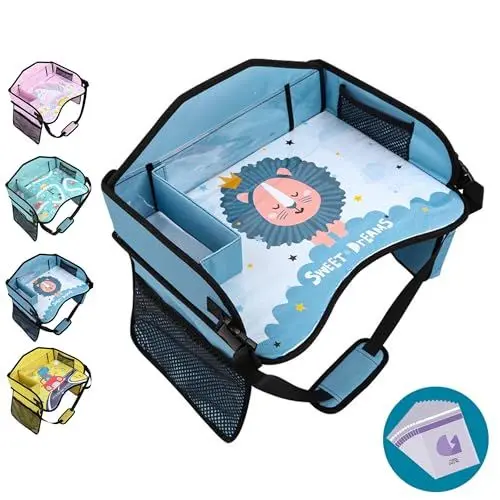 Produktbild: Autositz Tablett für Kinder Reisen, Kleinkind Reise Tablett für Auto Flugzeug, Auto Tabletts für Kinder Roadtrip Essentials, Autositz Tabelle für Kinder Road Trip Aktivitäten (Löwe Blau)