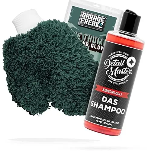 Produktbild: Autowäsche Bundle - Autoshampoo DetailMasters DAS Shampoo 0,5L + Garage Freaks One Thumb Washing Glove - Autopflege Set mit Waschhandschuh und Auto Shampoo