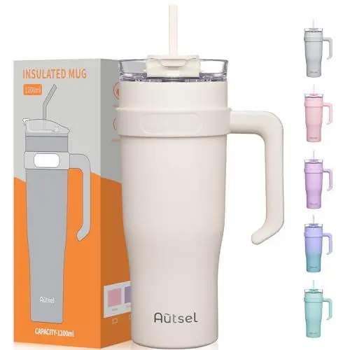 Produktbild: Autsel 40oz Trinkbecher mit Deckel und Strohhalm,1200ml Thermobecher mit Strohhalm und Henkel, Doppelwandiger Edelstahl Vakuum Isolierbeche Kaffeebecher to Go, Tragbare Auto Becher
