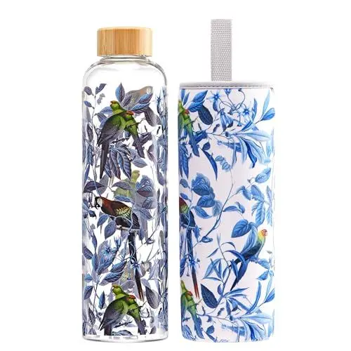 Produktbild: Autsel 1 liter Glasflasche Trinkflasche Glas Sport Borosilikat Glass Bottle Wasser Flasche mit Neopren-Hülle mit extra dichte Bambusdeckel
