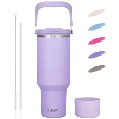 Produktbild: Autsel 40oz Trinkbecher mit Deckel und Strohhalm,1200ml Thermobecher mit Henkel- Trinkflasche Sport - Wasserflasche BPA Frei - Doppelwandiger Edelstahl Vakuum Isolierbeche Kaffeebecher