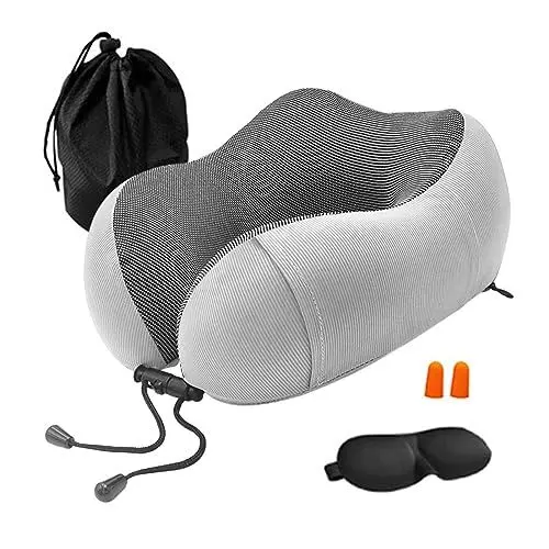 Produktbild: AUTUUCKEE Nackenkissen Set Flugzeug Auto Reisekissen Nackenhörnchen Memory Foam Reise Neck Pillow Nackenstützkissen Orthopädisches Kissen Kopfkissen für Reisen, Camping, Büro und Haus(Hellgrau)
