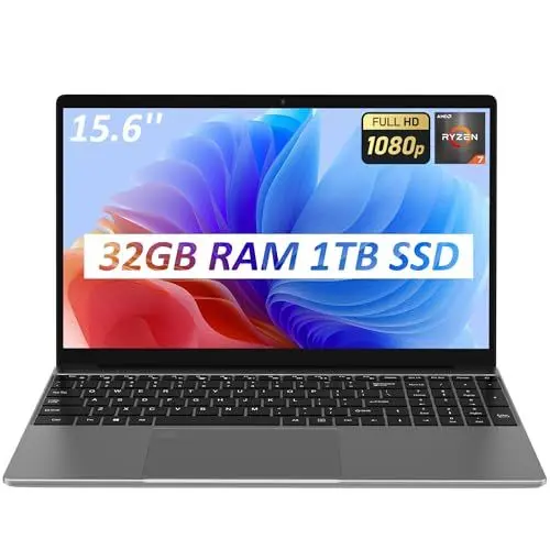 Produktbild: Auusda Thin and Light Laptop, 32GB DDR4 RAM, 1TB M2 PCIe NVMe SSD, AMD Ryzen7 5700U CPU, 15.6 Inch Full HD Notebook, Backlight Keyboard, Fingerprint Reader, HDMI, USB-C, for Gamer Notebook