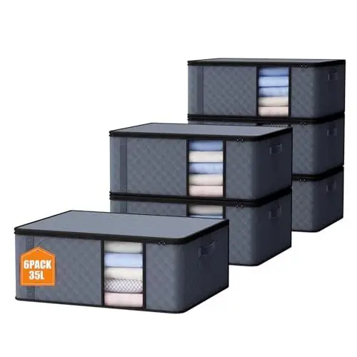 Produktbild: Auveir 6 Stück 35L Aufbewahrungstasche, Aufbewahrungsbox mit Deckel, Große Kleideraufbewahrung Umzugskartons, Faltbare Aufbewahrung Boxen für Bettdecken Decken Kleidung Unterbett Kleiderschrank