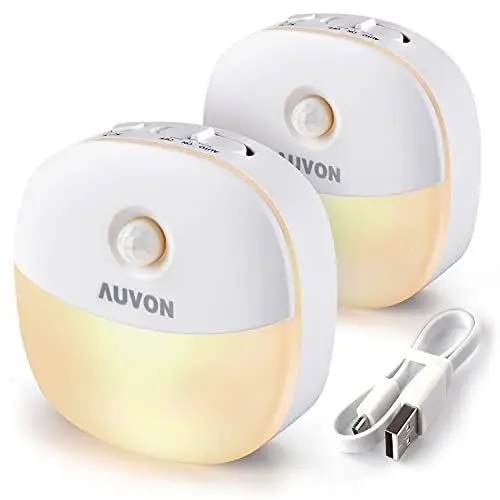 Produktbild: AUVON LED Nachtlicht mit Bewegungsmelder, Aufladbar USB Nachtlicht Kinder mit 3 Modi (Auto/ON/OFF), Warmes weißes Nachtlampe für Kinderzimmer, Schlafzimmer, Badezimmer, Gang (2 Stück)