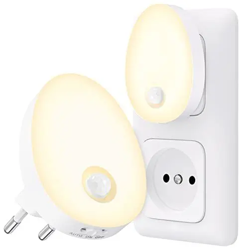 Produktbild: AUVON Nachtlicht Steckdose mit Bewegungsmelder, 2 Stücke Helle LED Nachtlicht, Steckdosenlicht Helligkeit Stufenlos Einstellbarer für Kinderzimmer, Flur, Treppe, Küche, Schlafzimmer, WarmWeiß