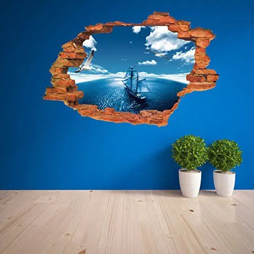 Produktbild: AUVS 3D- Selbstklebende Abnehmbaren Durchbrechen Die Mauer Vinyl Wandsticker/Wandgemälde Kunst Aufkleber Dekorateur (Blue Boat VC1003 (50 x 70cm))
