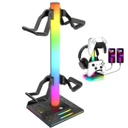 Produktbild: auvstar RGB Headset Halterung,Gaming Kopfhörer Ständer,10 Beleuchtungsmodi,USB Type-C Datenübertragung und Geräteverbindungsaufladung,Geeignet für alle Headset Gamecontroller (Schwarz)
