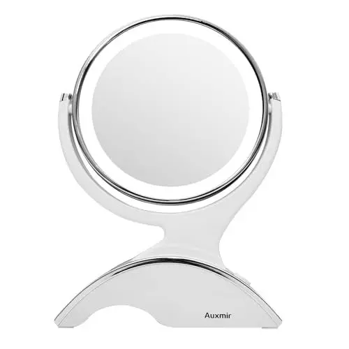 Produktbild: Auxmir Wiederaufladbarer Kosmetikspiegel mit 1X/10X Vergrößerung, Doppelseitiger Tischspiegel mit Blendfreier LED Beleuchtung, 360° Drehbar für Schminken, Rasieren und Gesichtspflege, Weiß