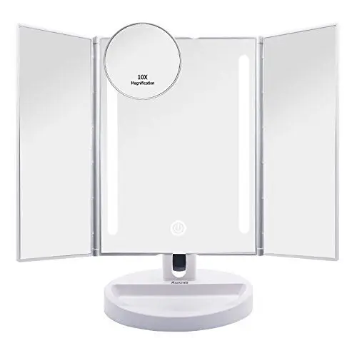 Produktbild: Auxmir Schminkspiegel mit Beleuchtung, Faltbar Kosmetikspiegel Tischspiegel mit 1X/10X Vergrößerung, LED Spiegel mit Touch Dimmbar Licht, Unterstützt USB und Batterie