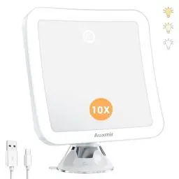 Produktbild: Auxmir Schminkspiegel mit Beleuchtung und 10X Vergrößerung, Kosmetikspiegel mit Beleuchtung, Wiederaufladbarer Schminkspiegel，3 Lichtfarben & Saugnapf, 360° Drehbarer Tischspiegel, 2000mAh