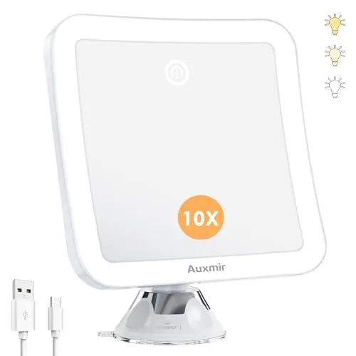 Produktbild: Auxmir Schminkspiegel mit Beleuchtung und 10X Vergrößerung, Kosmetikspiegel mit Beleuchtung, Wiederaufladbarer Schminkspiegel，3 Lichtfarben & Saugnapf, 360° Drehbarer Tischspiegel, 2000mAh