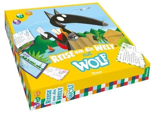 Produktbild: AUZOU, Reise um die Welt mit Wolf, Brettspiel ab 5 Jahren, Spannendes Familienspiel mit Wolf-Figur, Länder entdecken und Postkarten versenden, Für 2-6 Spieler ab 5 Jahren