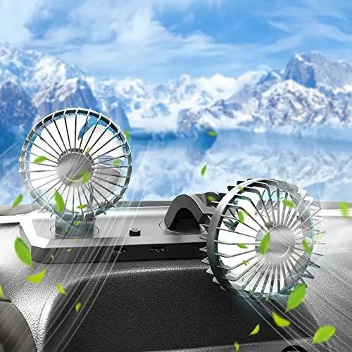 Produktbild: AVCXEC Auto Ventilator 12V, Doppelkopf Auto Kfz Lüfter USB, 360° Manuelle Drehung Auto Ventilator, Auto-Kühlluftventilator mit 2 Geschwindigkeiten, für Autos, LKWs, SUV, Büro, PC