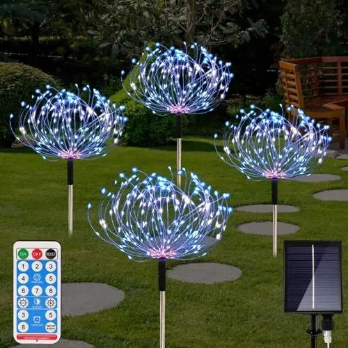 Produktbild: AVCXEC Solar Feuerwerk Lichter, 4er-Pack 480 LED Solar Gartenlichter mit Fernbedienung, Gartenleuchten Solar Deko, 8 Modi Solarlampen Für Außen Wasserdicht, Outdoor Solar Garten Lichter Für Weg Rasen