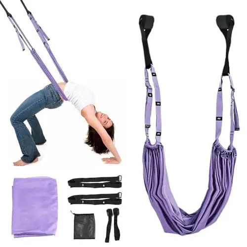 Produktbild: Aerial Yoga Hängematte, Yogagurt Stretching Band, Yogagurt Dehnungsband, Yogatuch zum Aufhängen, Inversion Stretch, Yoga Gurte Set für Reha Pilates Spagat Gymnastik Flexibilität Training, Lila